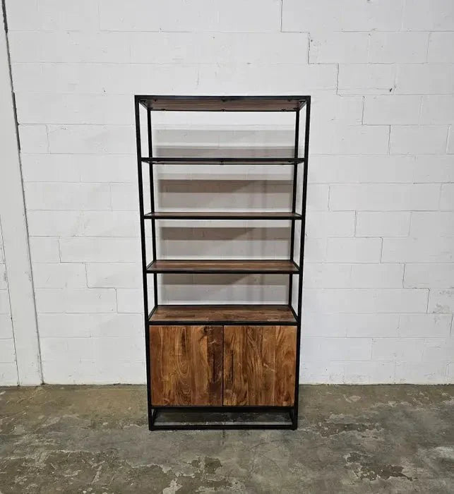 Étagère en Bois d'Acacia 2 portes sur structure d'acier noir