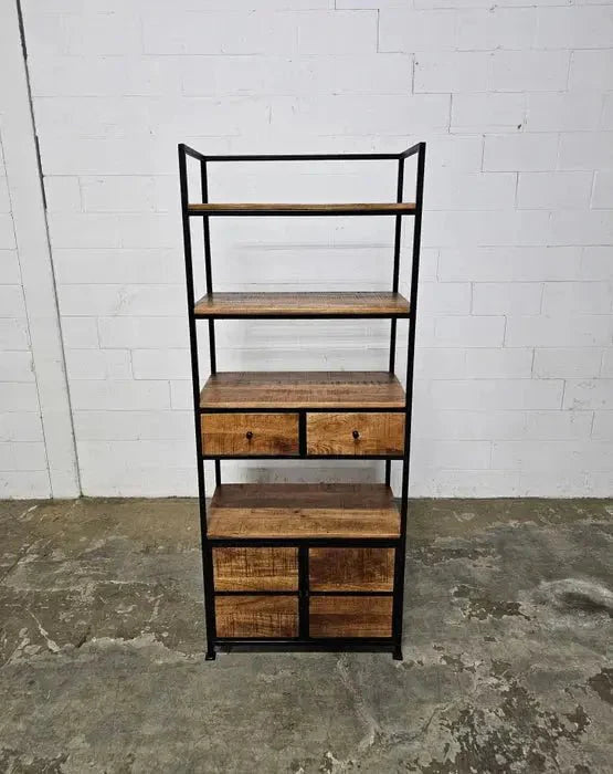 Étagère Style industrielle en bois de manguier et acier noir avec 2 tiroirs