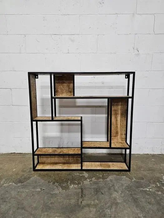 Étagère mural carrée en bois de manguier et acier noir