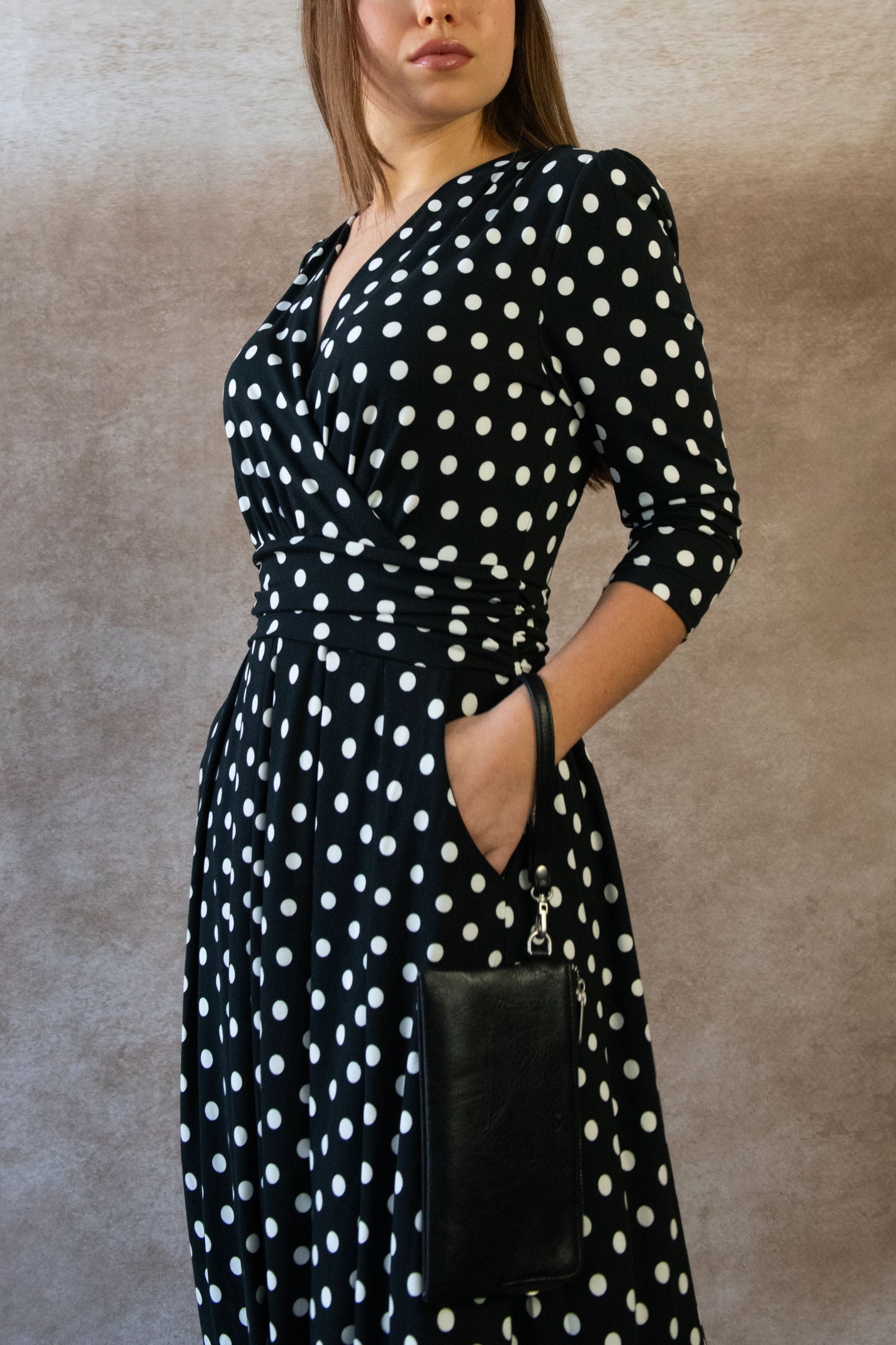 Evelyn Polka Dot Wrap Midi Dress 3/4 Sleeve V-Neck Pockets Elegant