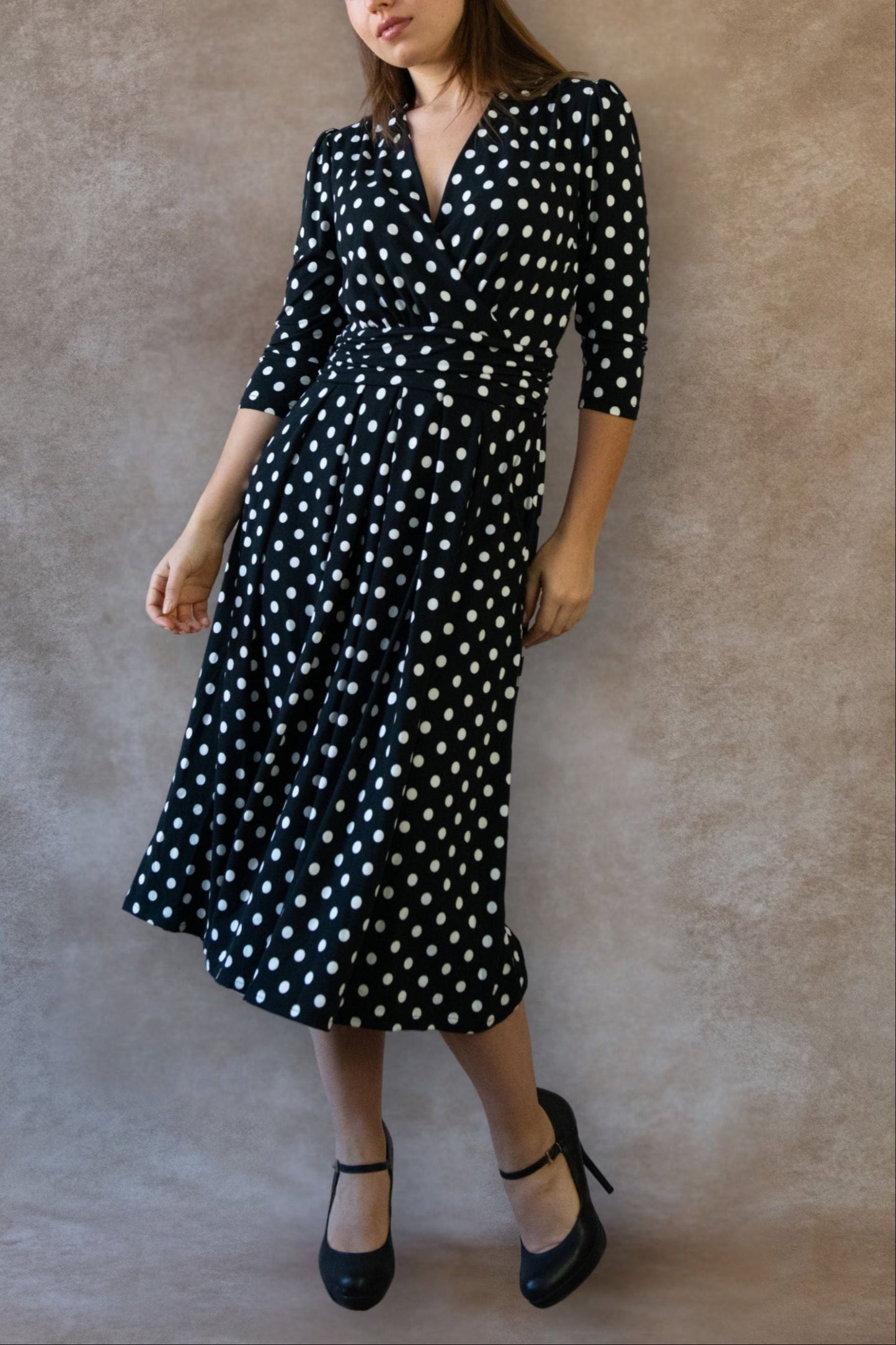 Evelyn Polka Dot Wrap Midi Dress 3/4 Sleeve V-Neck Pockets Elegant