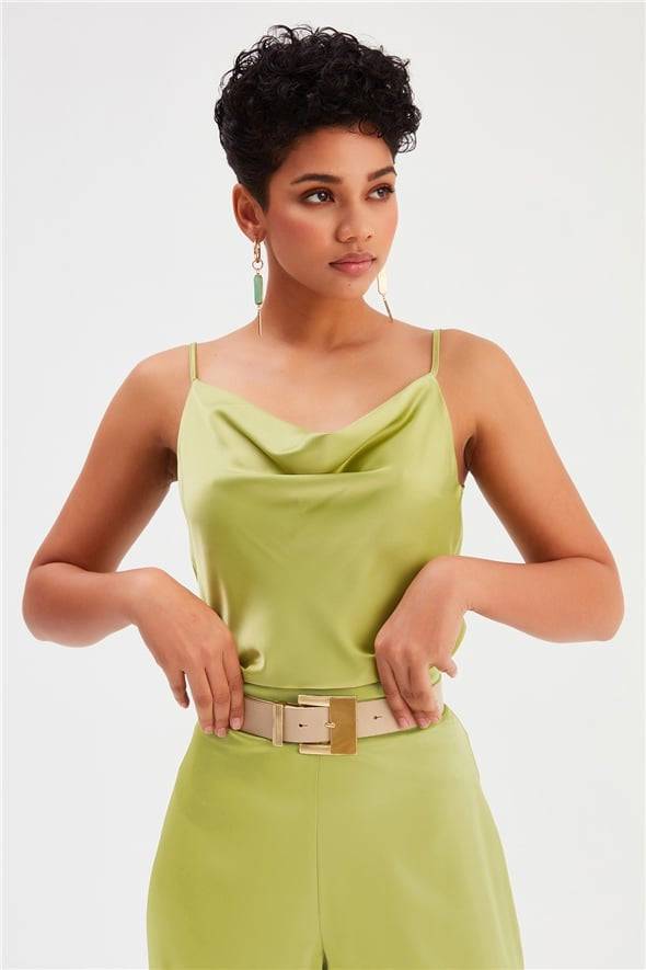 Plunging Neck Satin Cami Top- Olive