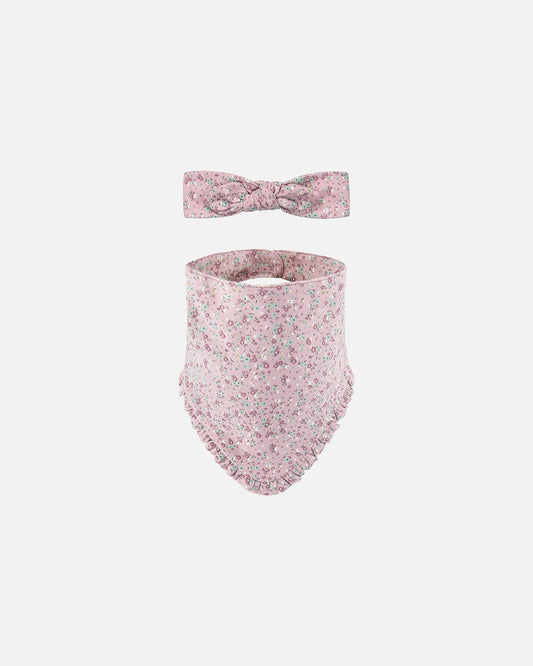Organic Cotton Headband And Bib Set Mauve Little Flower Print
