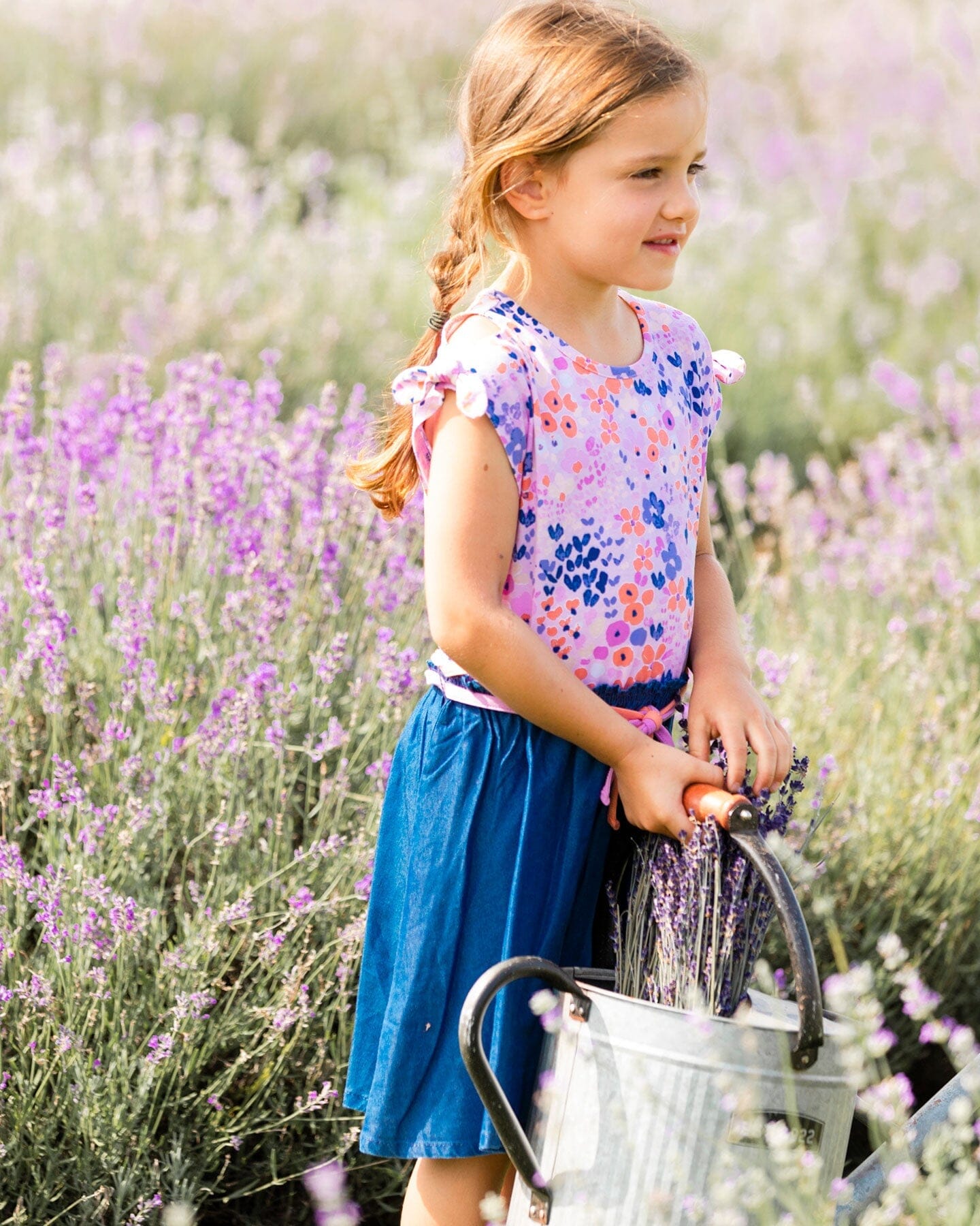 Printed And Chambray Bi-Material Dress Lavender