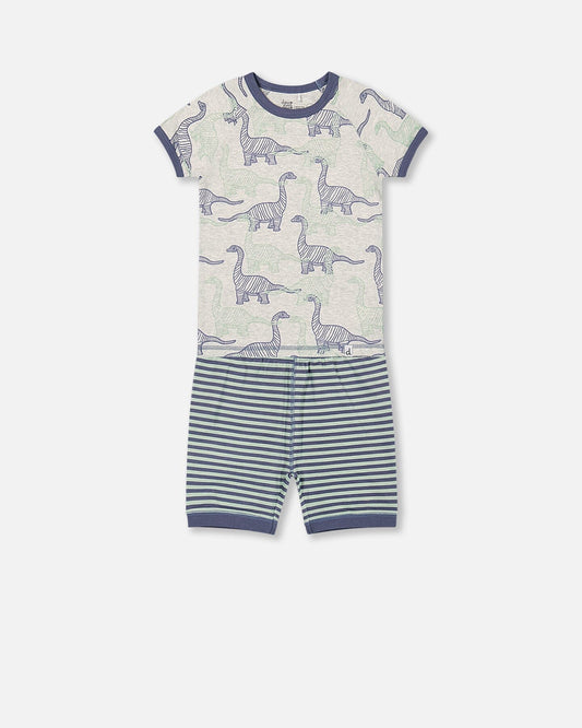 Organic Cotton Two Piece Short Pajama Set Heather Beige Printed Dinosaurs