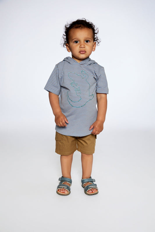 Hooded T-Shirt With Crocodile Print Blue And Rust Stripe