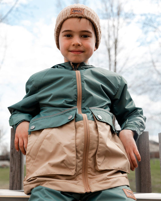 Hooded Colorblock Parka Forest Green And Beige