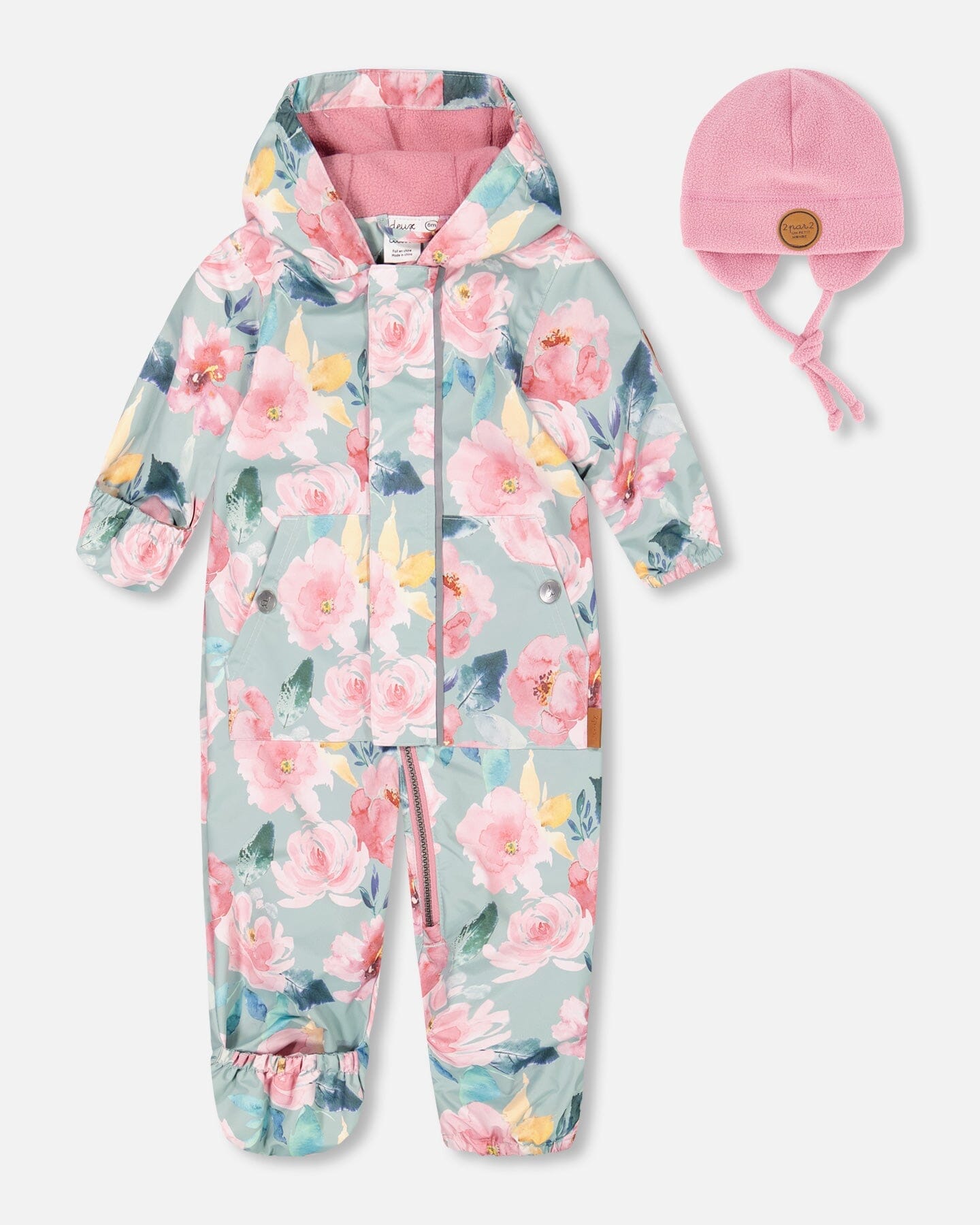 Baby Mid-Season One Piece With Hat Sage Green Printed Watercolor Roses
