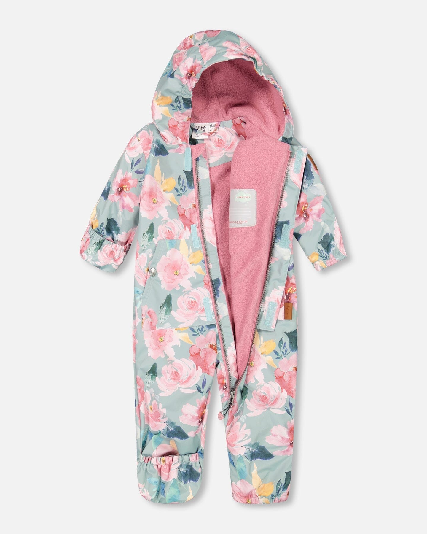 Baby Mid-Season One Piece With Hat Sage Green Printed Watercolor Roses