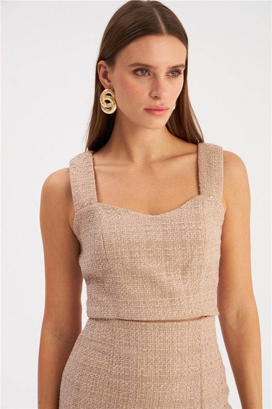Strap Tweed Crop Blouse - Beige