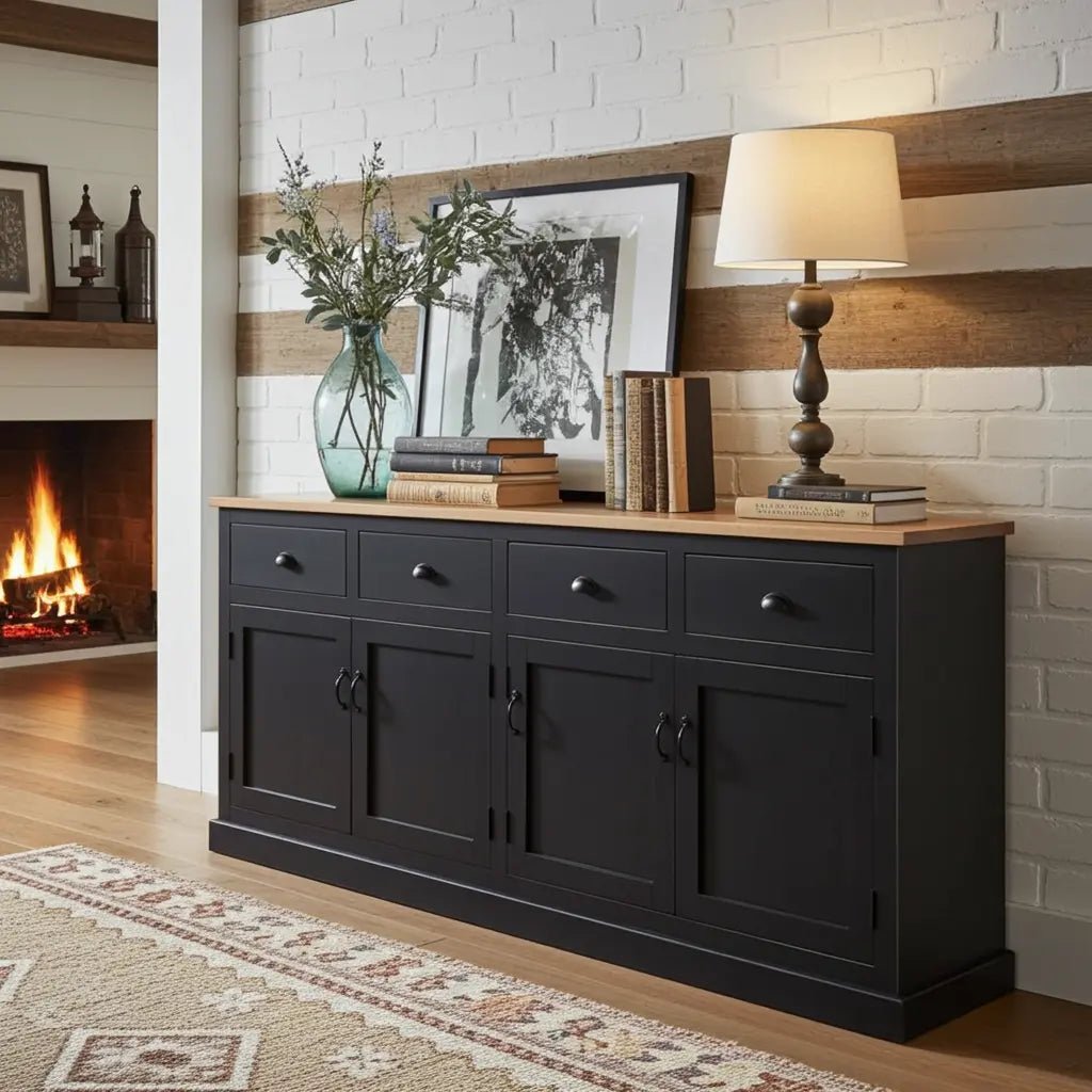 Buffet campagnard en bois de manguier fini noir antique