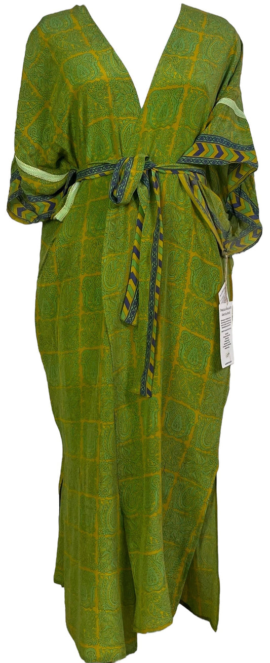 PRC6770 Avatar Long Pure Silk Kimono Sleeved Duster with Belt