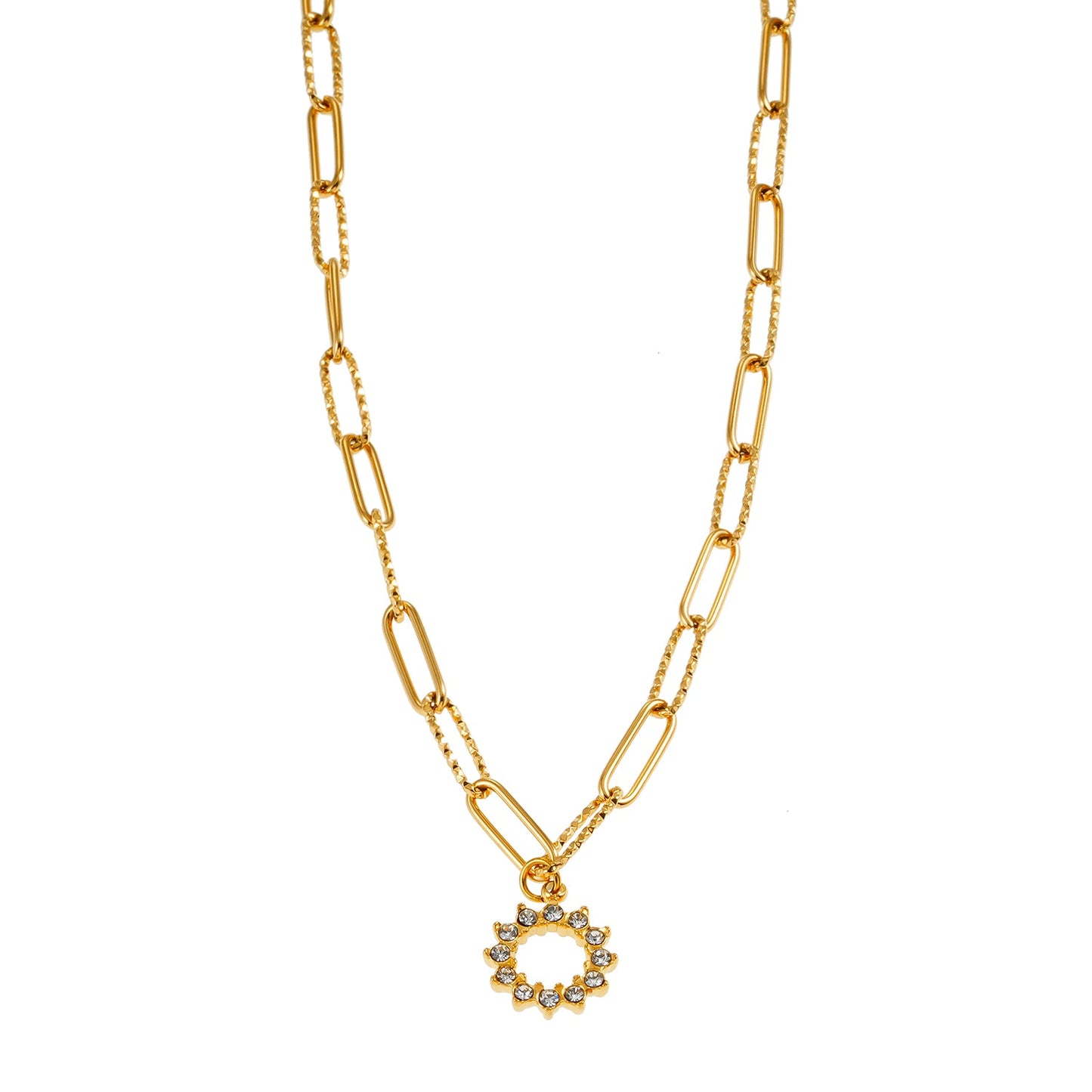FRETTA: Radiant Star Shaped Pendant Zirconia Paper-Clip Chain Necklace in Gold.