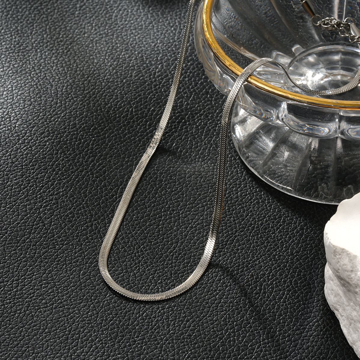 FRYDA Silver Toned (White Gold): Snake Skin Textured Mid Width Chain Necklace