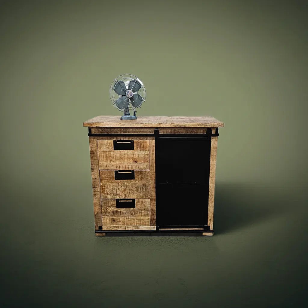 Meuble Commode Raven en bois de manguier porte coulissante en acier noir