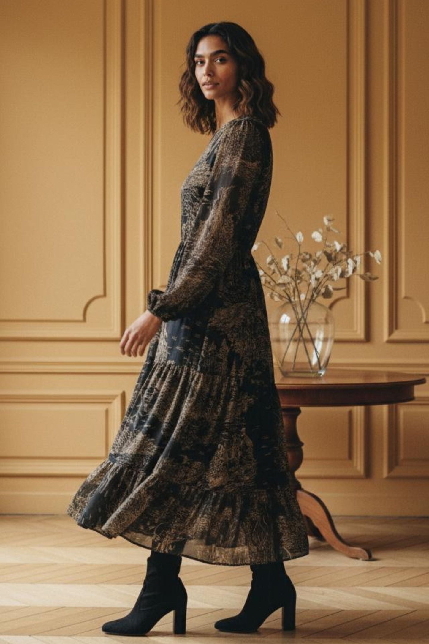 Francesca Women's Smocked Black Midi Dress Bronze Forest Print