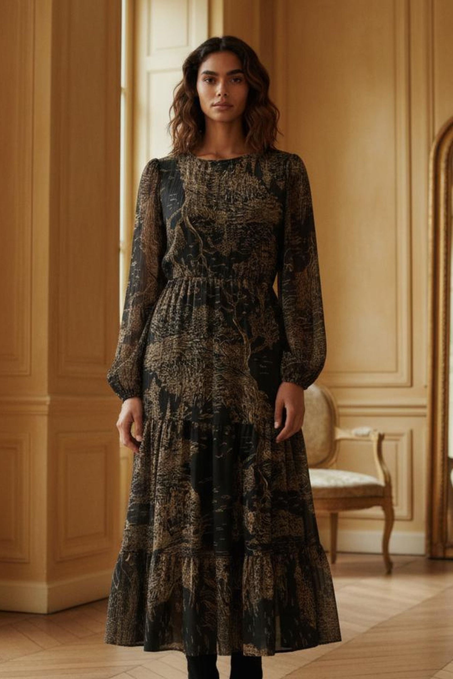 Francesca Women's Smocked Black Midi Dress Bronze Forest Print