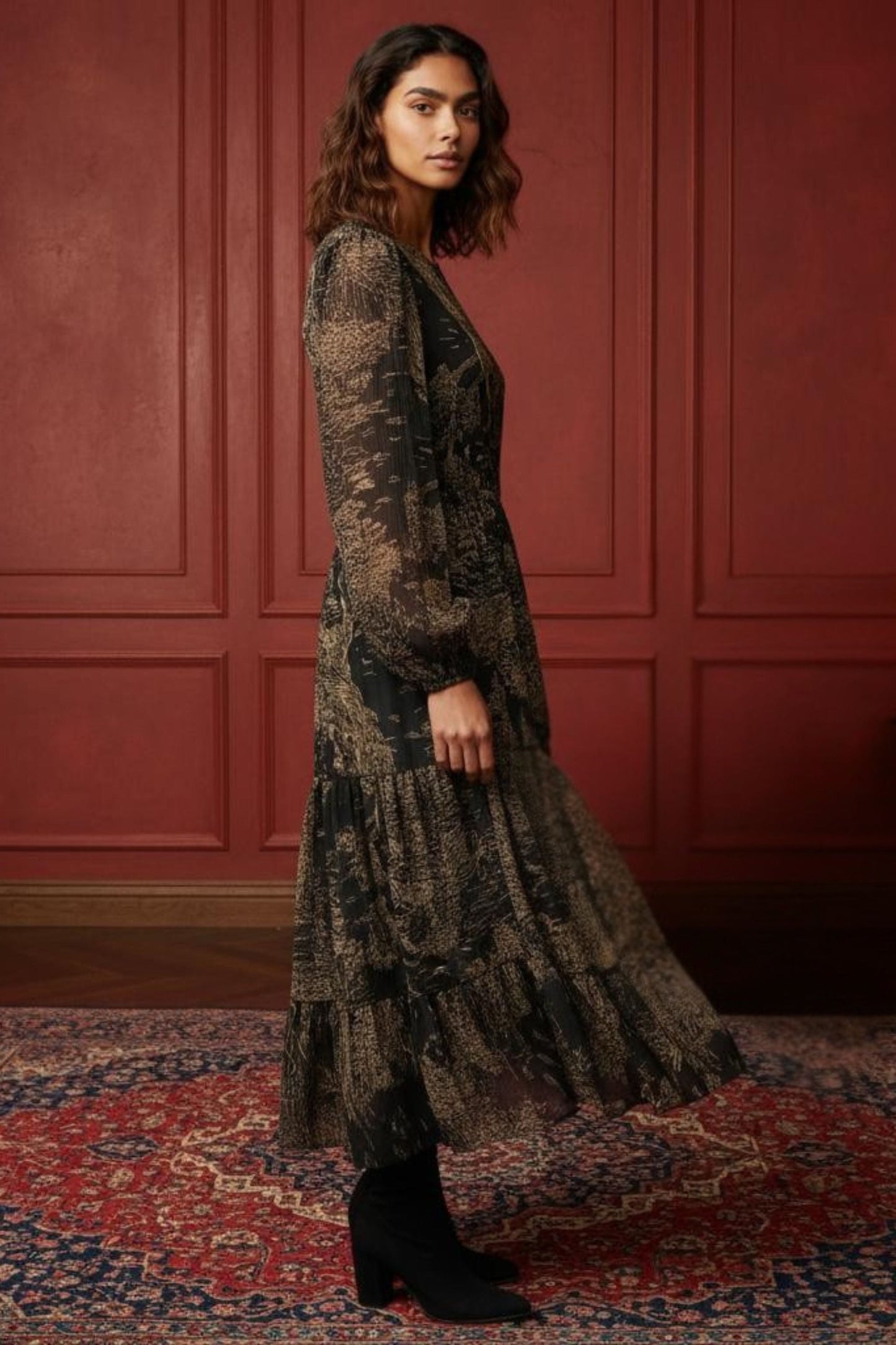 Francesca Women's Smocked Black Midi Dress Bronze Forest Print