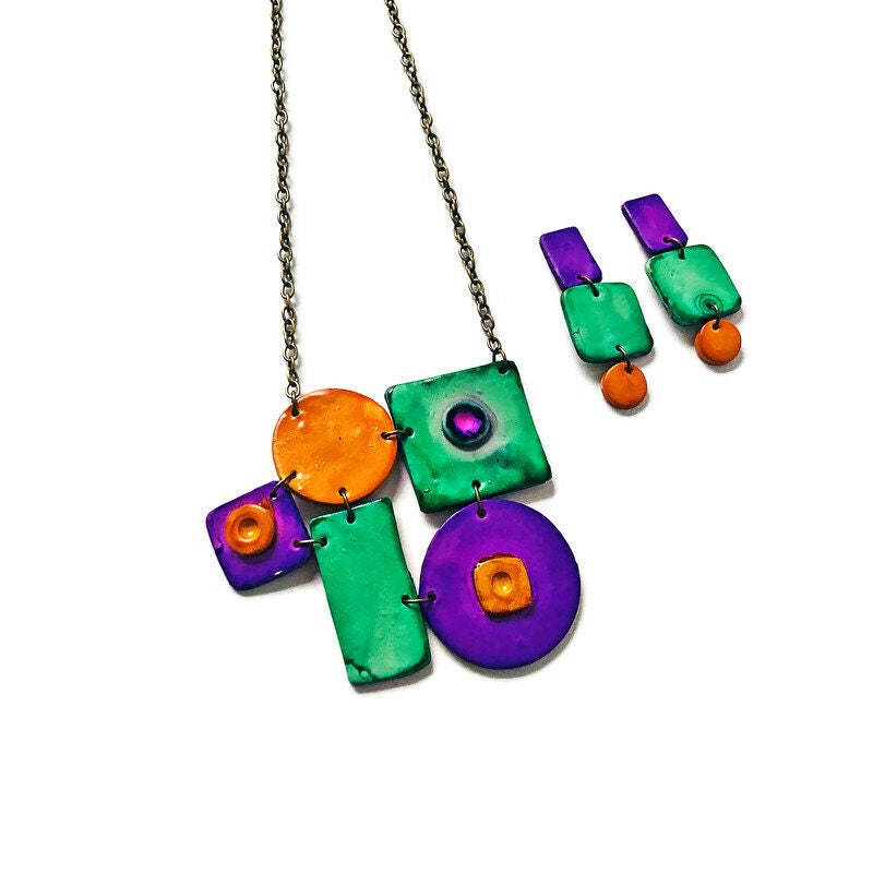 Geometric Statement Jewelry Set, Necklace & Earrings, Turquoise, Purple & Yellow