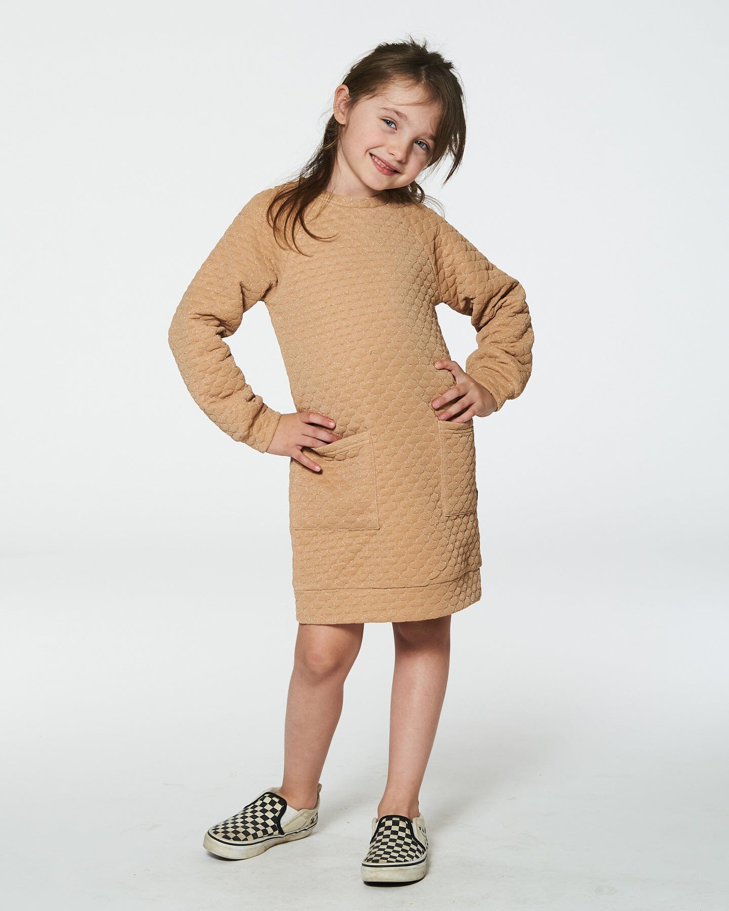 Long Sleeve Shiny Quilted Dress With Pocket Golden Brown
