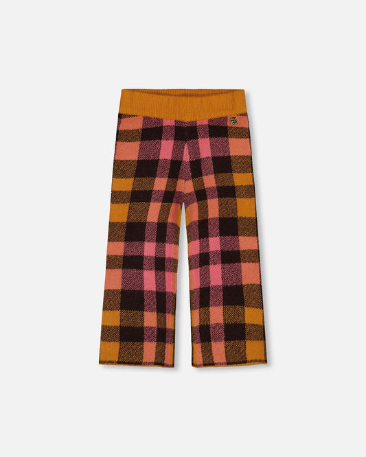 Cropped Wide Leg Pant Plaid Magenta And Brown