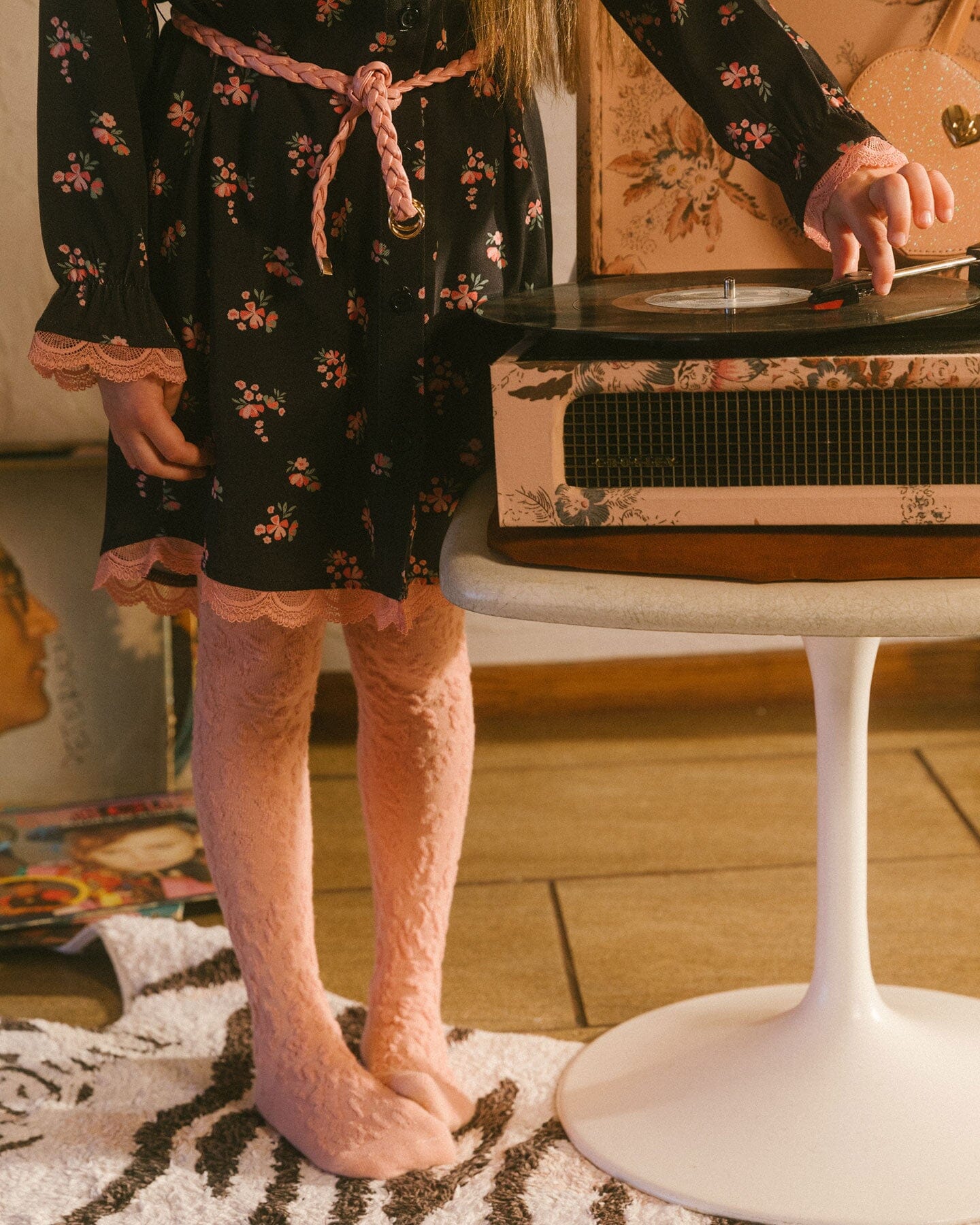 Jacquard Flowers Tights Light Pink