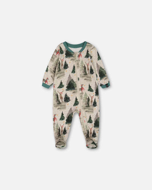 Organic Cotton One Piece Pajama Gray Mix Printed Reindeer
