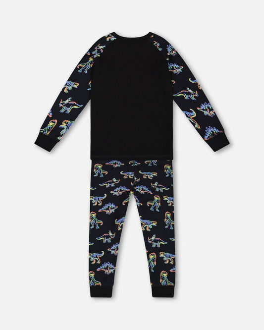 Organic Cotton Two Piece Pajama Set Black Printed Neon Dino