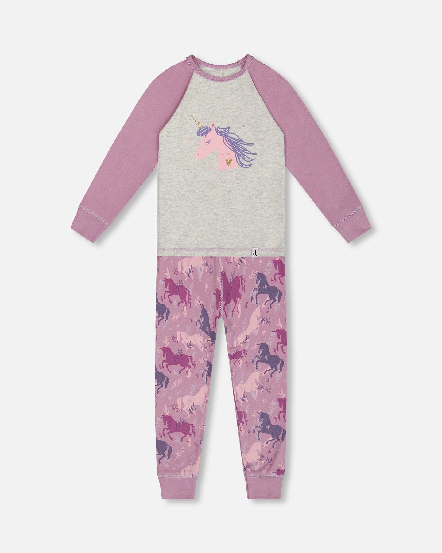 Organic Cotton Two Piece Pajama Set Mauve Printed Unicorns