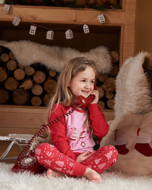 Organic Cotton Two Piece Pajama Set Red Printed Christmas Tree