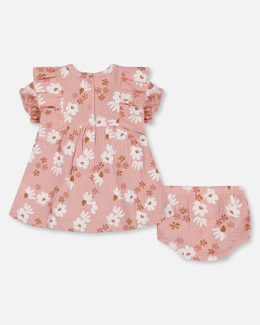 Printed Muslin Dress And Bloomer Set Pink And White Flowers