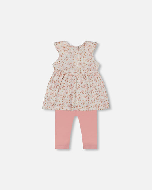 Printed Organic Cotton Tunic And Leggings Set White With Pink Flowers