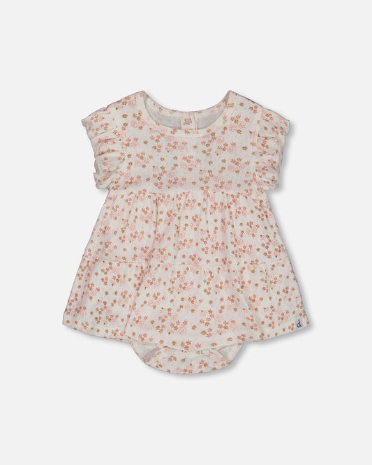 Organic Cotton Pointelle Romper Printed White And Pink Flowers