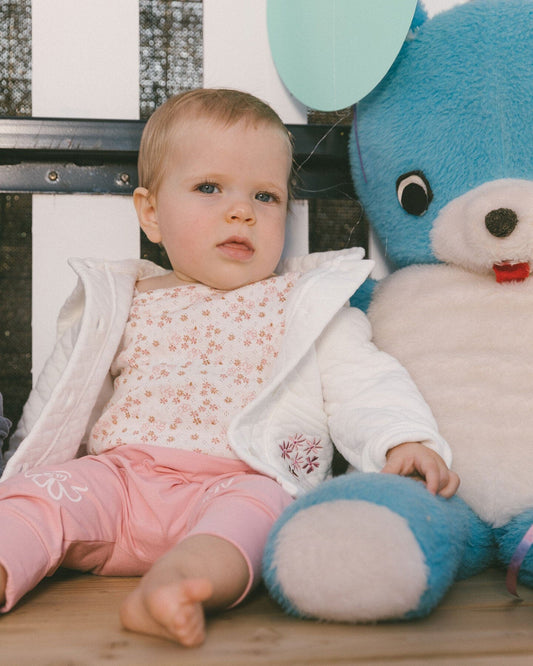 Organic Cotton Pointelle Romper Printed White And Pink Flowers