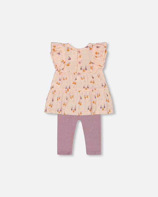 Printed Muslin Tunic And Organic Cotton Legging Set Peach With Pears And Purple