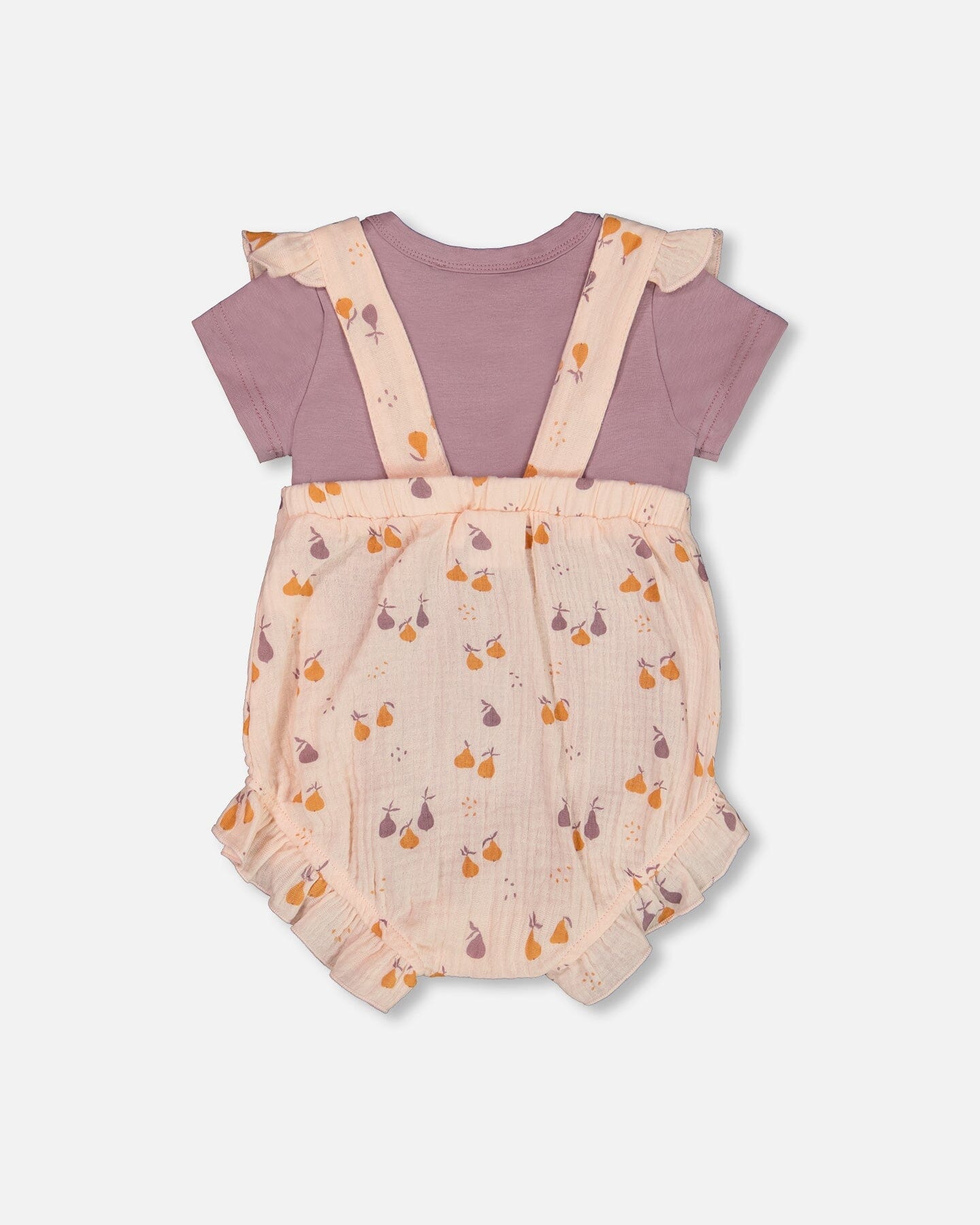 Printed Muslin Shortall And Organic Cotton Onesie Set Peach With Pears