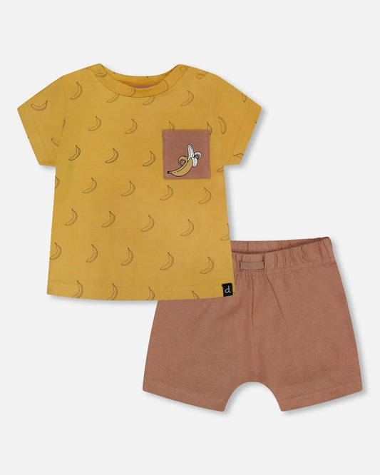 Printed Organic Cotton Top And Short Set Brown, Yellow, And Bananas