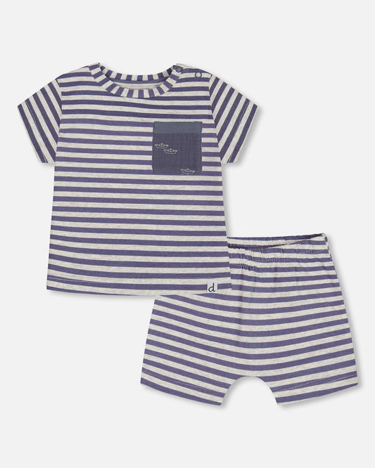 Organic Cotton Short Sleeve Top And Short Set Striped Navy