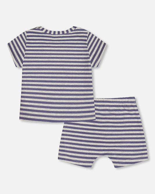 Organic Cotton Short Sleeve Top And Short Set Striped Navy