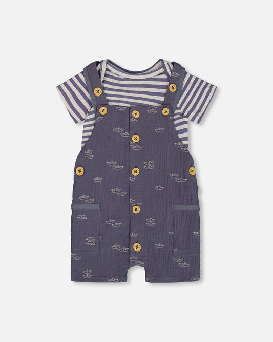 Printed Organic Cotton Onesie And Muslin Shortall Set Navy Blue Paper Boats