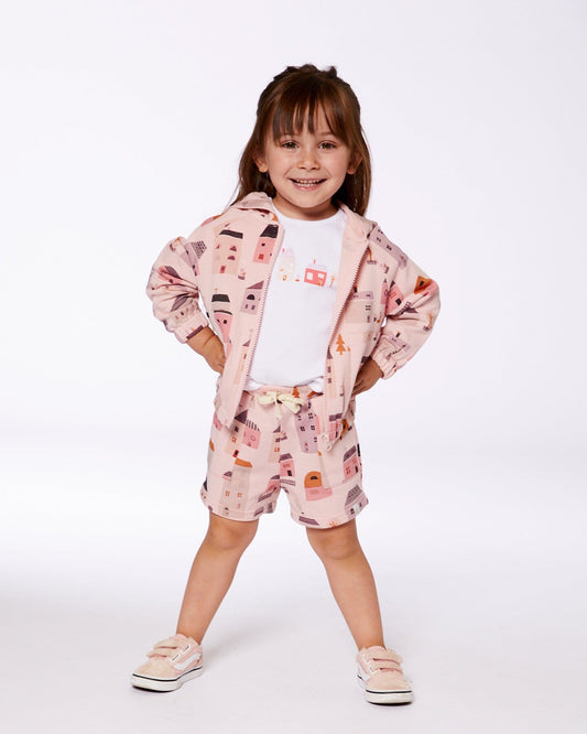 Printed French Terry Short Pink And Coral Houses