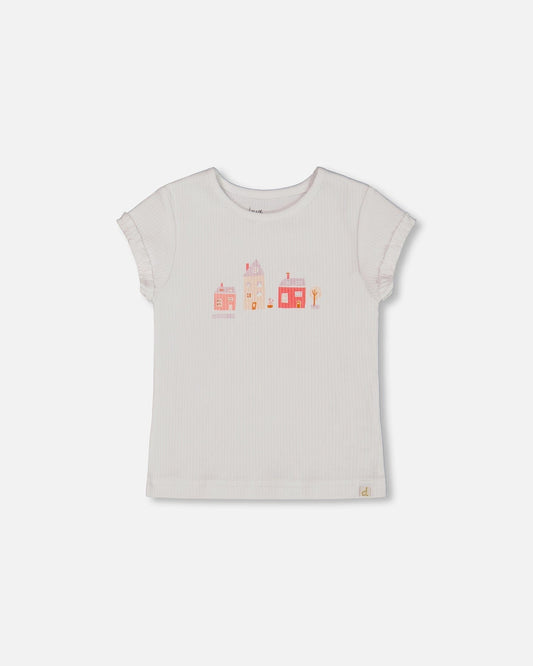 Flat Back Rib Top With Print White And Pink House