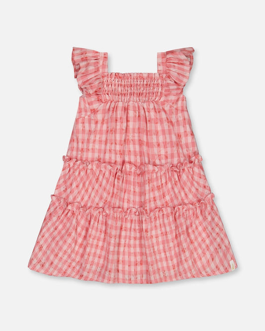 Smocked Layered Dress With Frill Sleeve Checked Pink