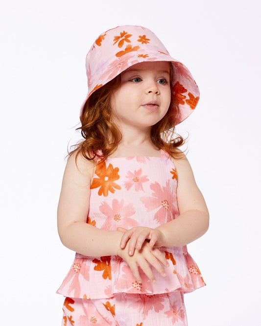Printed Muslin Bucket Hat Pink And Coral Flowers