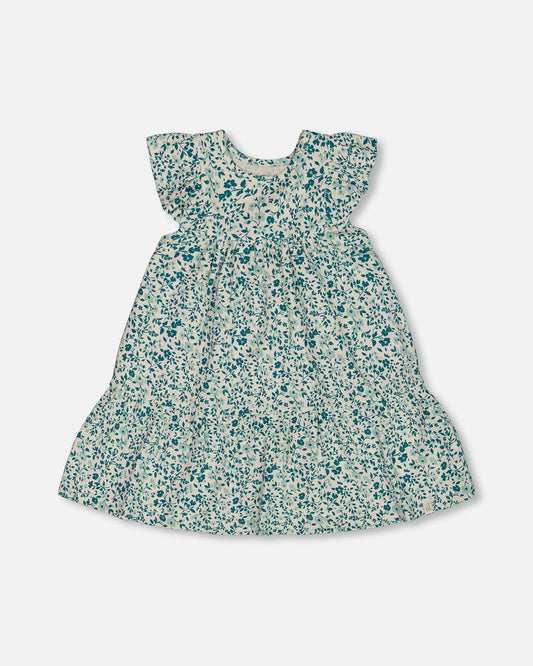 Printed Organic Cotton Dress Small Turquoise Flowers