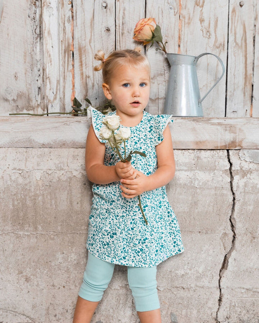 Printed Organic Cotton Dress Small Turquoise Flowers