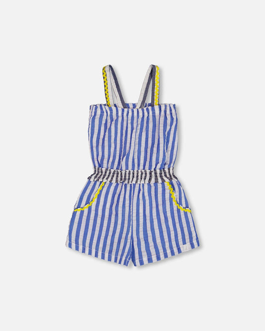Sleeveless Seersucker Romper Blue And White Striped