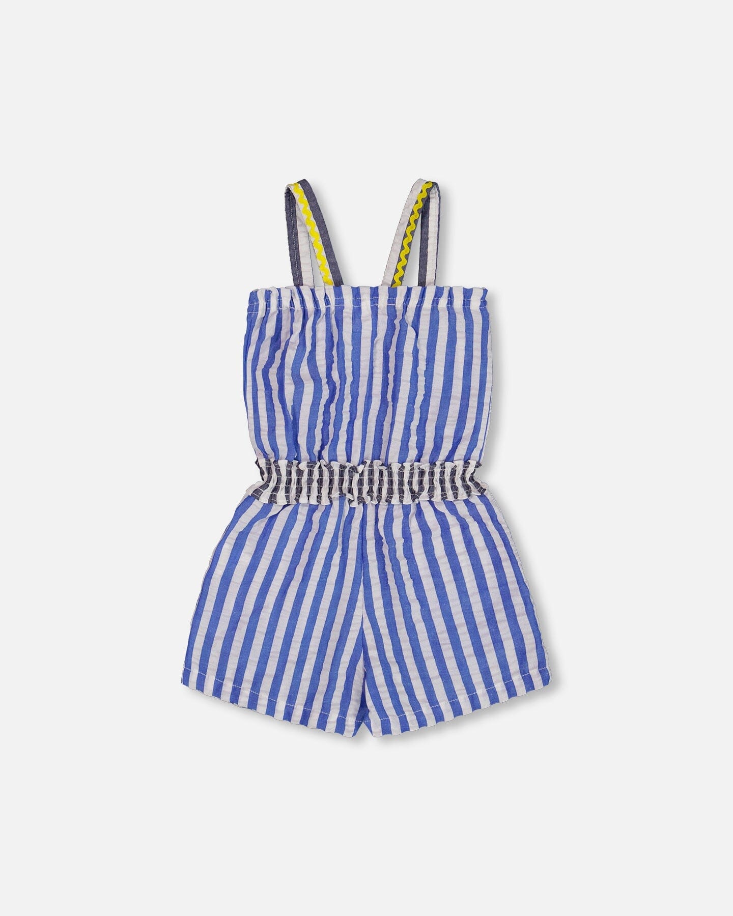 Sleeveless Seersucker Romper Blue And White Striped
