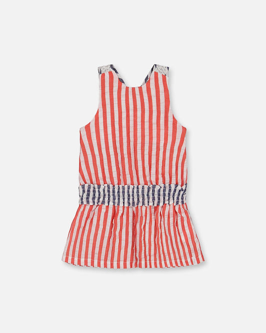 Sleeveless Seersucker Tunic Red, White, And Black