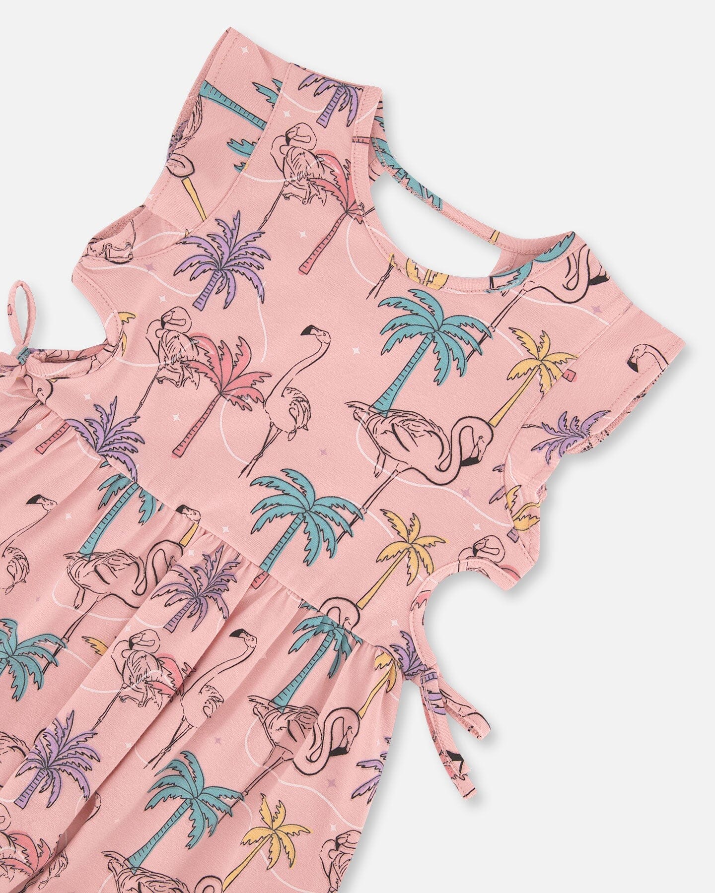 Printed Organic Cotton Dress With Cut Outs Palm Trees, Pink Flamingo, And Turquoise